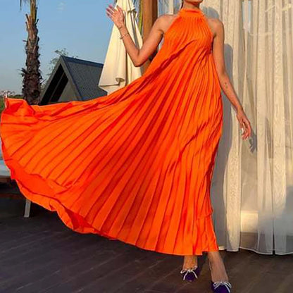 2025 Sexy Sleeveless High Waist Party Dress Spring Summer Half High Neck Loose Women Dress Casual Multi-color Pleated Long Dress