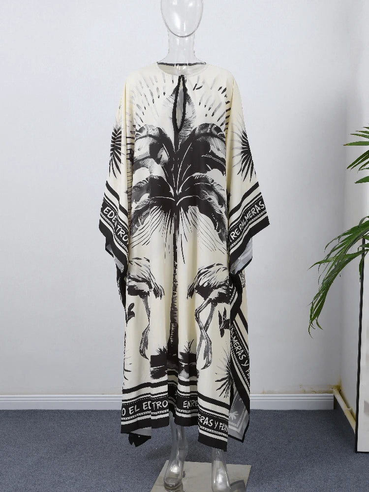 Loose Print Long Dresses Women O-neck Full Sleeve Pleated Holiday Dress Female 2025 Summer Lady Fashion Robes High Street