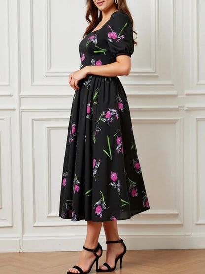 Rafiah Select Women's Dress 2025 Summer Elegant Midi Pleated Flower Print Short Puff Sleeve Square Neck Long Dress