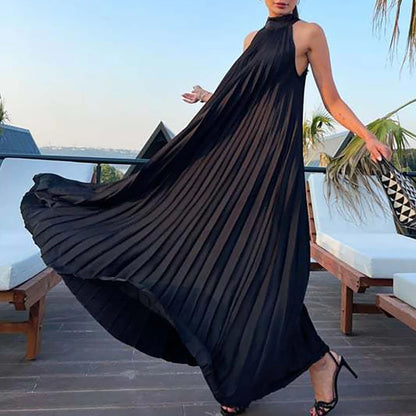 Spring Summer Half High Neck Loose Women Dress Casual Multi-color Pleated Long Dress 2025 Sexy Sleeveless High Waist Party Dress