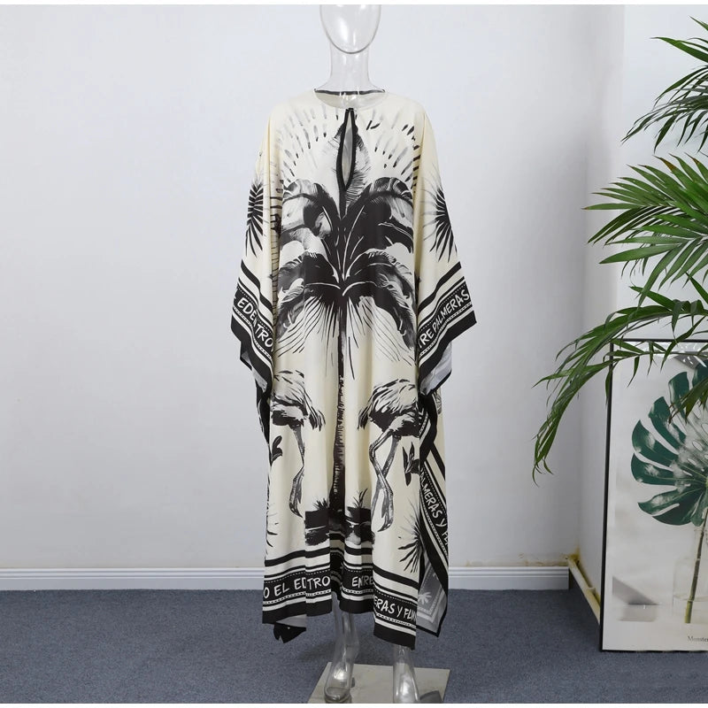 Loose Print Long Dresses Women O-neck Full Sleeve Pleated Holiday Dress Female 2025 Summer Lady Fashion Robes High Street