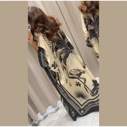 Loose Print Long Dresses Women O-neck Full Sleeve Pleated Holiday Dress Female 2025 Summer Lady Fashion Robes High Street