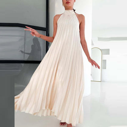 Elegant Simple Solid Color Loose Long Dress Sexy Off Shoulder Pleated Women Party Dress Spring Summer Sleeveless Boho Maxi Dress