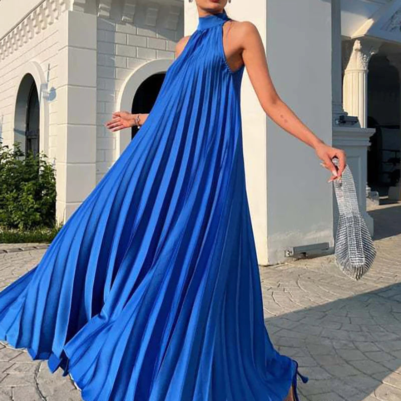 2025 Sexy Sleeveless High Waist Party Dress Spring Summer Half High Neck Loose Women Dress Casual Multi-color Pleated Long Dress