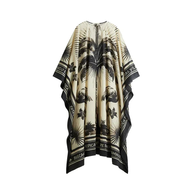 Loose Print Long Dresses Women O-neck Full Sleeve Pleated Holiday Dress Female 2025 Summer Lady Fashion Robes High Street