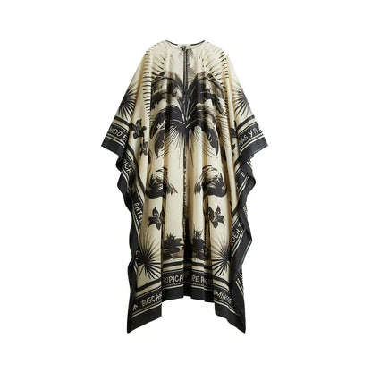 Loose Print Long Dresses Women O-neck Full Sleeve Pleated Holiday Dress Female 2025 Summer Lady Fashion Robes High Street