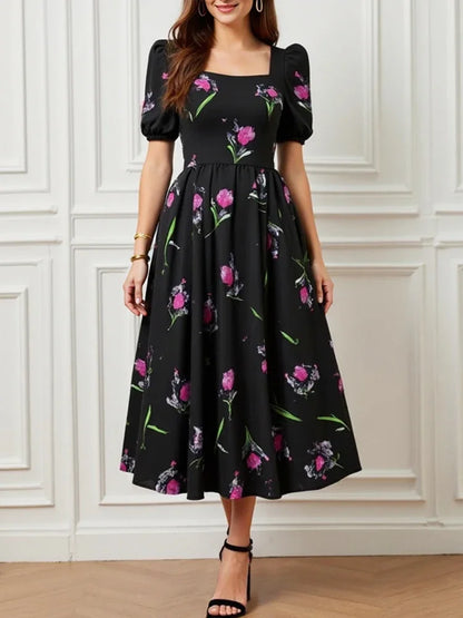 Rafiah Select Women's Dress 2025 Summer Elegant Midi Pleated Flower Print Short Puff Sleeve Square Neck Long Dress