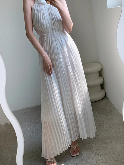 Matakawa Pleated Dresses Women Solid Beach Style Spring Summer Elegant Long Dress Sleeveless Korean Fashion Retro Vestidos